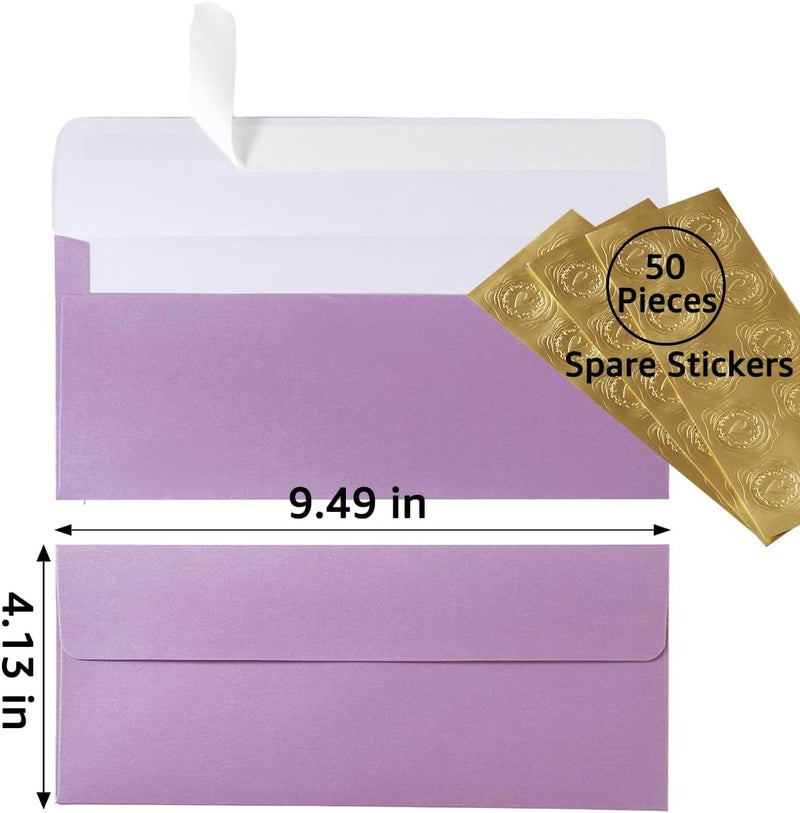 Wishop 50 Pack Shiny #10 Business Envelopes Self Seal Standard Envelopes with Gold Stickers for Office Checks, Business Cards, Letter Mailing Invoices, 4.13 x 9.49 Inches (Light Purple) - Image 2